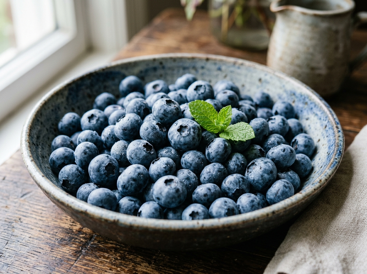 Mangkuk blueberry segar dengan embun pagi dan daun mint
