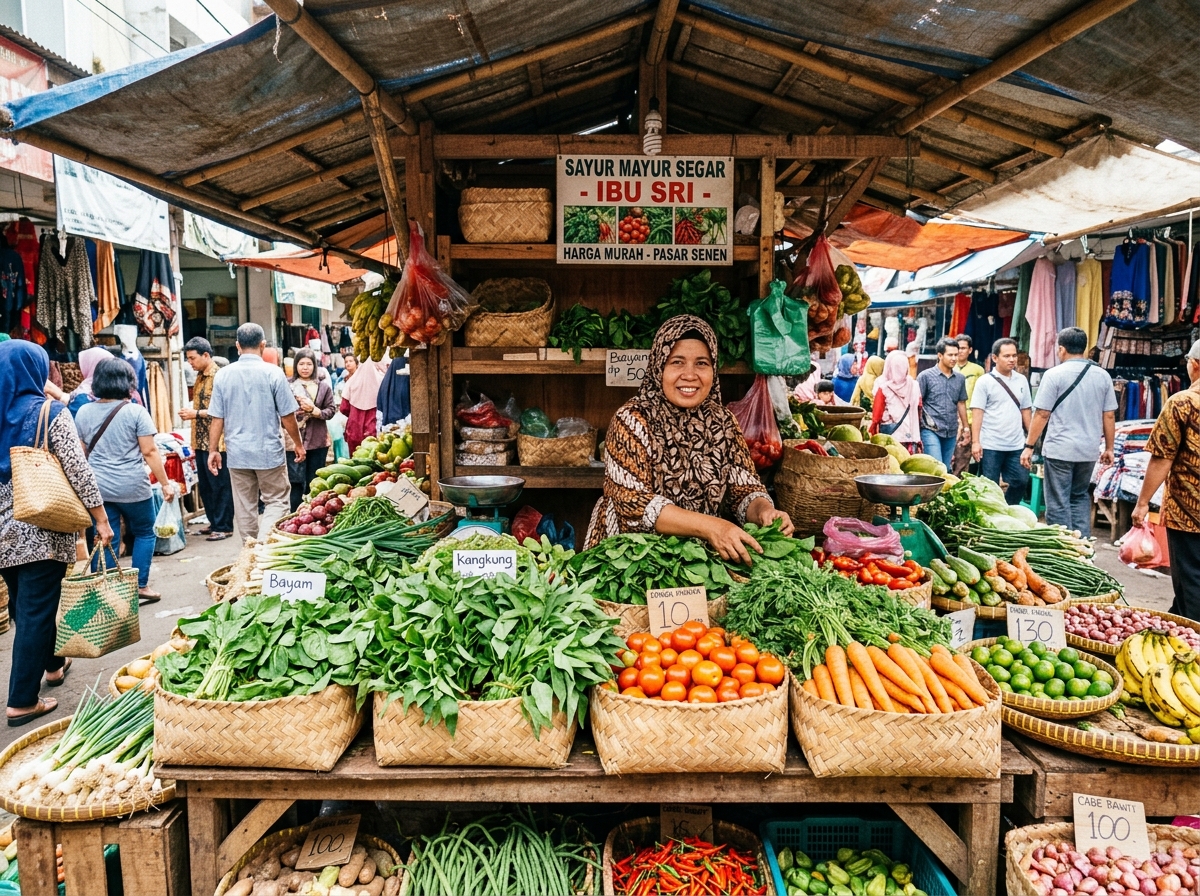 Kios pedagang sayur mayur segar di pasar tradisional Indonesia dengan keranjang bambu