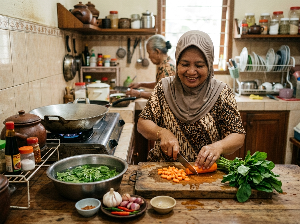 Ibu di dapur keluarga Indonesia memotong wortel segar dan mencuci bayam untuk sayur bening