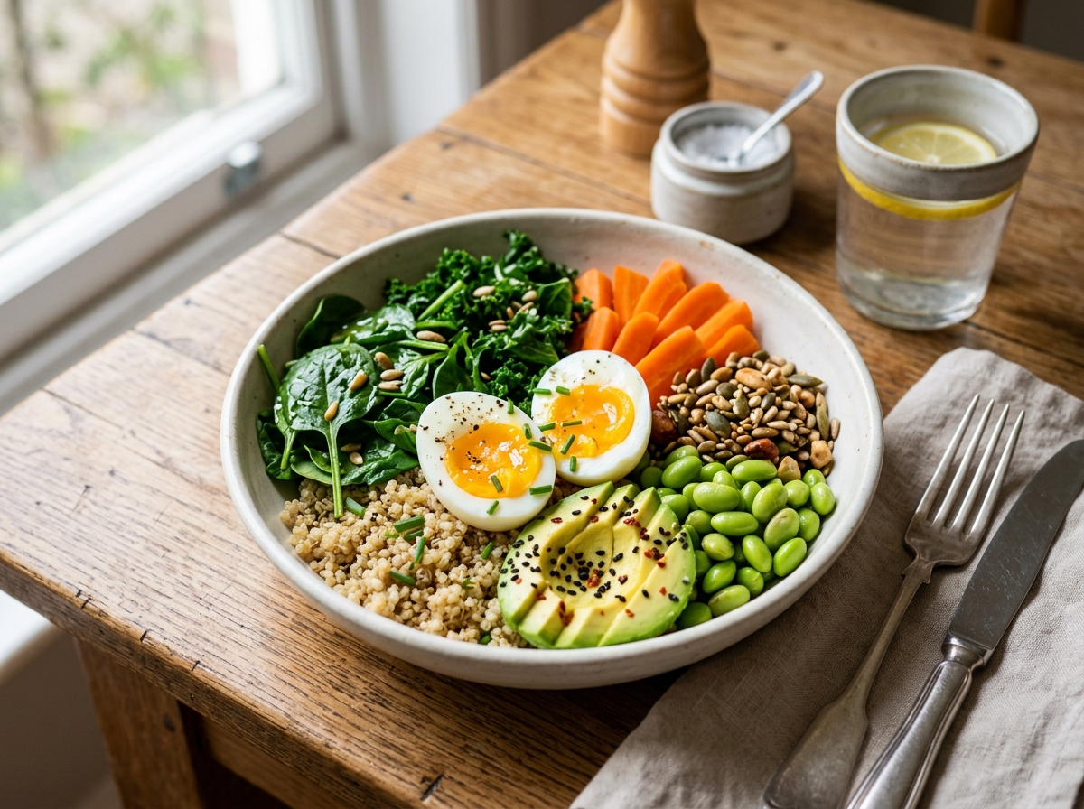Piring makan seimbang berisi karbohidrat kompleks, sayur hijau, wortel, telur, dan edamame